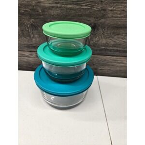 Anchor Hocking Glass Food Storage Containers 3pc Set Round Bowls Teal Green Lids